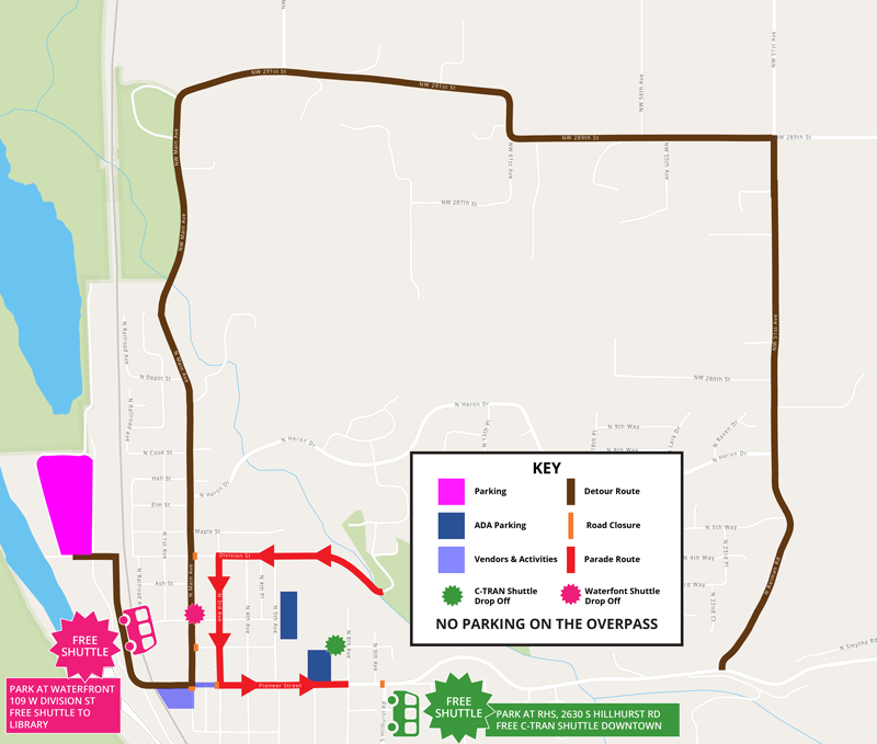2026 Ridgefield 4th of July Parade Route Map — staging at Abrams Park, route along 4th Ave, Division, 3rd Ave, Pioneer to 8th Ave